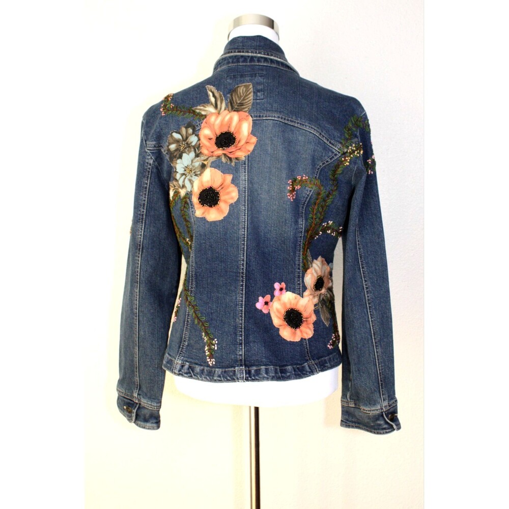 Upcycled OOAK LIVE A LITTLE Denim Jacket Embroidered Beaded Floral Applique XL * - Picture 8 of 13